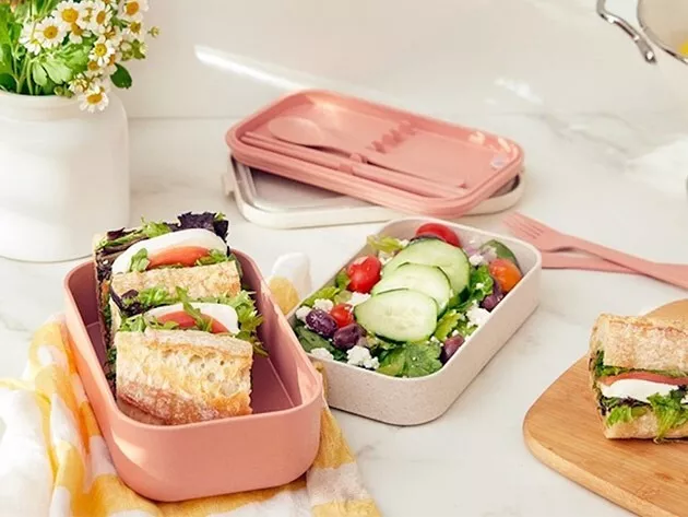 Our Place Lunch Box Bento Layered Storage Compartments Pink Chopsticks Utensils