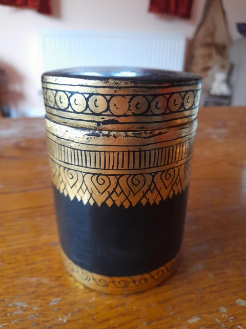 Vintage Antique Gold And Black Laquer Betel Box Burma 4.5" tall
