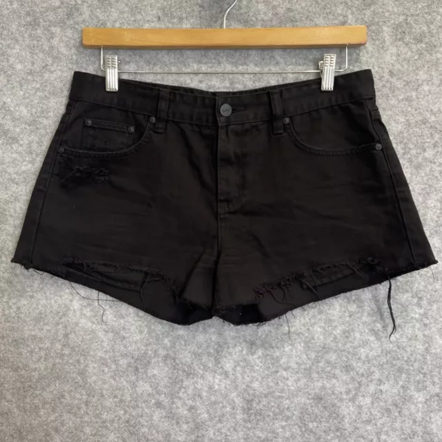 Sportsgirl Women's Boho black fray festival low cut off denim shorts 12/M (1565)