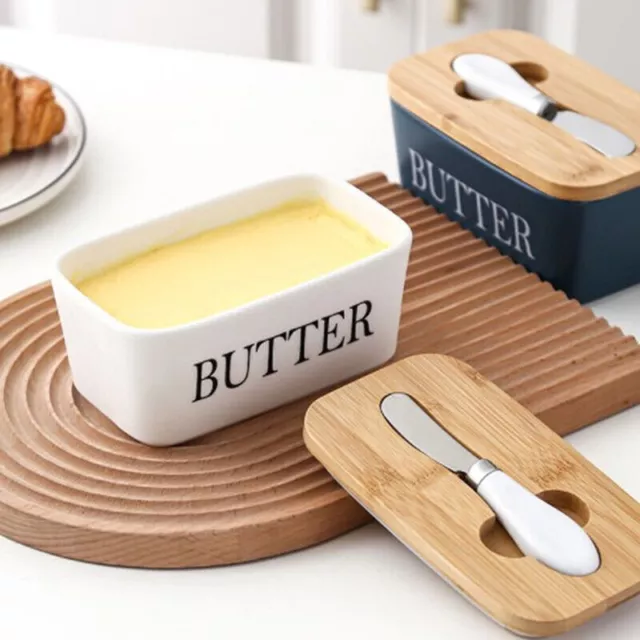 Ceramic Butter Dish Box Storage Tray Container with Wood Lid & Butter Cutter