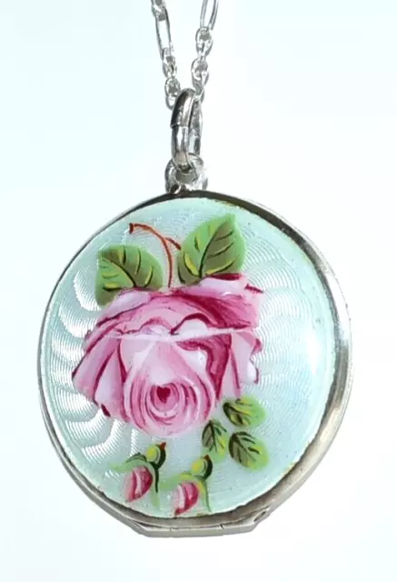 ABSOLUTELY BEAUTIFUL Pink ROSE Antique STERLING ENAMEL GUILLOCHE Locket Necklace