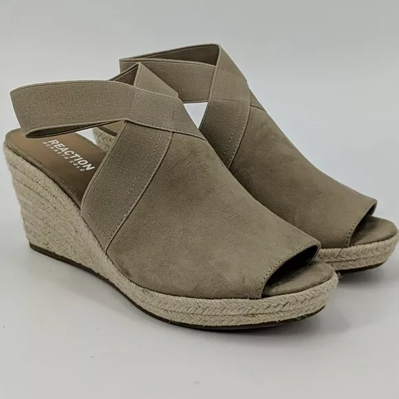 REACTION Kenneth Cole Shoes Womens 8.5 Tan Peep Toe Espadrille Wedges