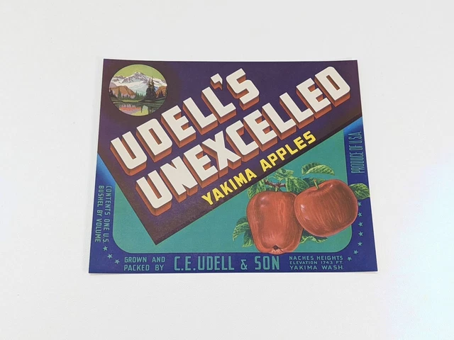 Original Apple Crate Label Yakima Washington Vintage Naches Heights Udell's  40S
