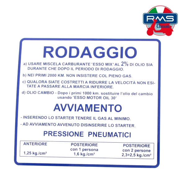 Targhetta blu "rodaggio" RMS - 142721070