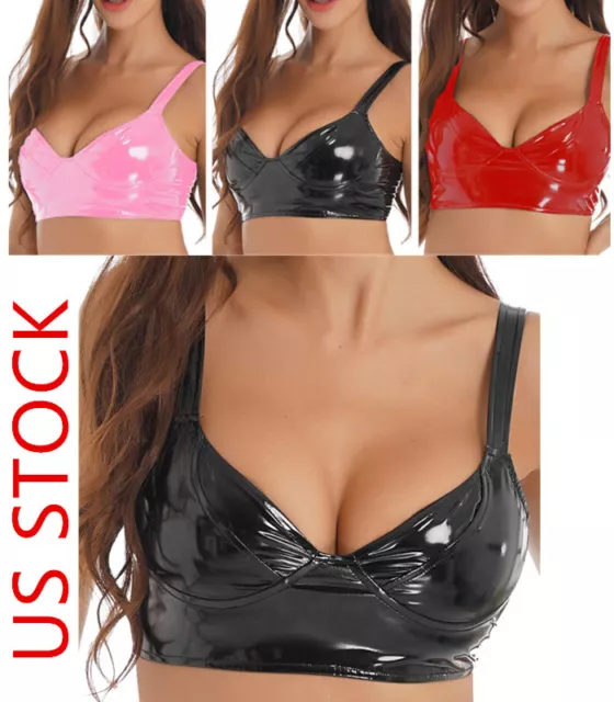 US Women's Wet Look Crop Top PVC Leather Lingerie Zipper Shiny Bustier Clubwear