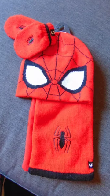 M&S Marvel Spiderman 3 Part Knitted Hat, Scarf & Mitts Set 6-18mths Red Mix BNWT