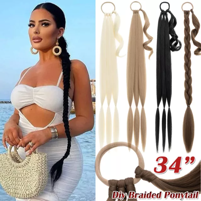 34" Real Thick Braided Ponytail Straight Long Pony Tail Hair Extensions As Human