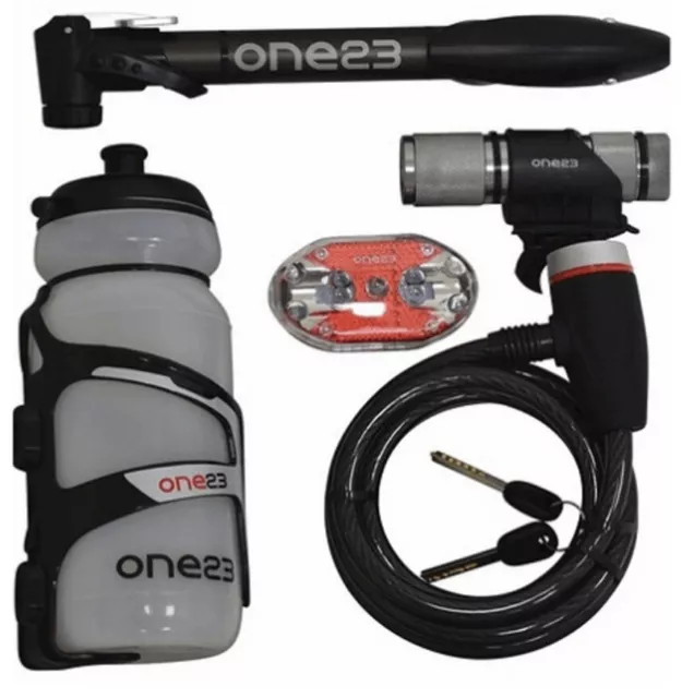 One23 Bicycle Pump, Lights, Lock & Waterbottle Starter Accessory Pack Bike BN