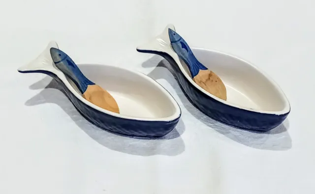 2× Sagaform Swedish Fish Dishes & Spoons 12.5 Cms Designed By Asa Lindberg