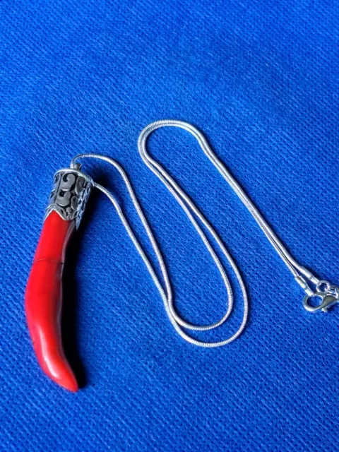 Large Vintage Silver Mounted Natural Red Coral Pendant Necklace