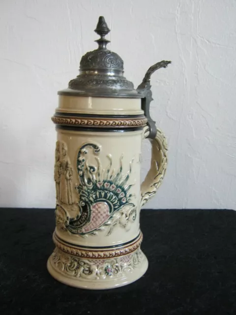 Antiker Bierkrug 1/2l mit hohem Boden, wohl um 1900, schöner Zinndeckel, selten