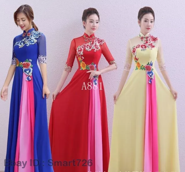 Womens Elegant Formal Ao Dai Dress Vietnamese Traditional Oriental Style Gown