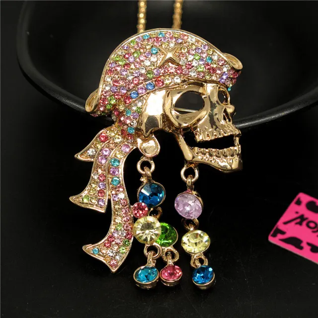 Betsey Johnson Rhinestone Colorful Pirate Skull Crystal Pendant Chain Necklace