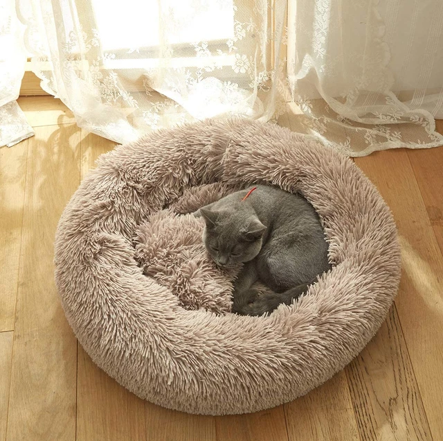 Plush Faux Fur round Pet Dog Bed, Comfortable Fuzzy Donut Cuddler Cushion for Do