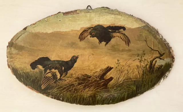 Gemälde altes ovales Ölbild Auerhahn Vögel antik Holz Natur Landschaft