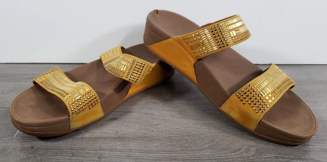 FitFlop W Sz 10 AZTEC CHADA YELLOW & GOLD Leather Wedge SLIP ON Sandal 419-227