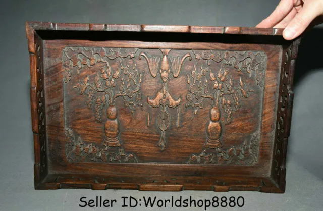13.6" Old China Huanghuali Wood Carved Dynasty Bat Flower Vase Plate Tray dish