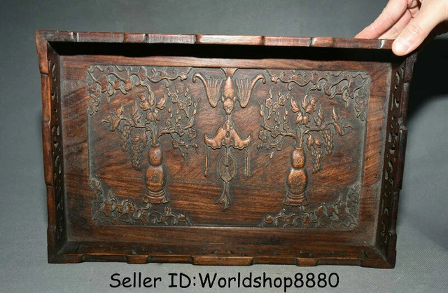 13.6" Old China Huanghuali Wood Carved Dynasty Bat Flower Vase Plate Tray dish