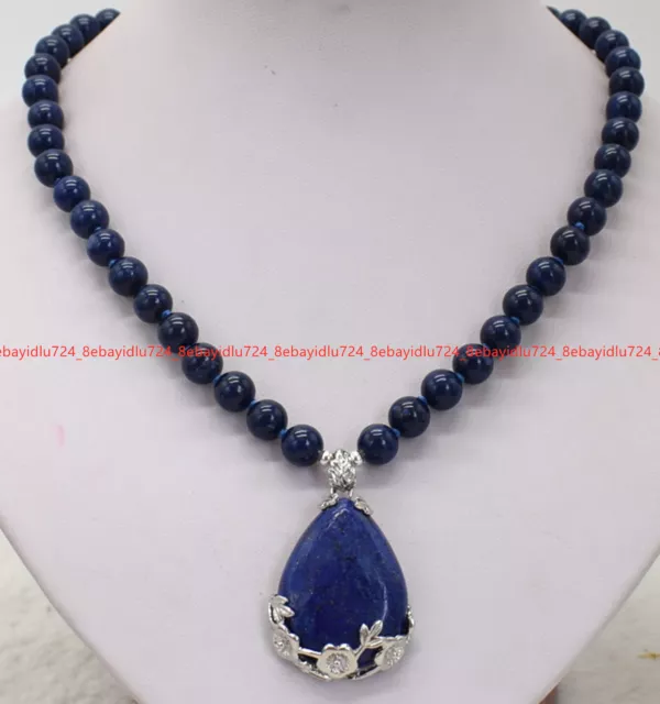 Natural Blue Lapis Lazuli Drop Pendant 8MM Gemstone Round Beads Necklace 18" AAA