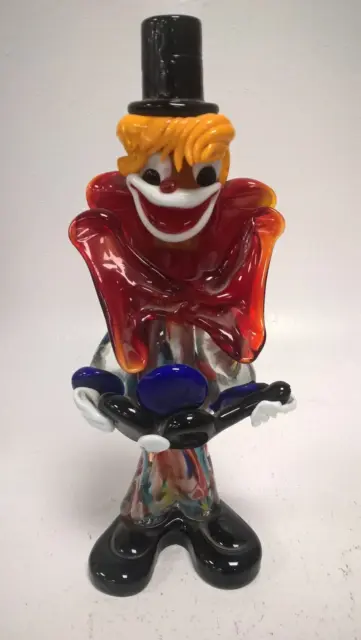 Murano Style Glass Clown Art Glass Clown Sculpture Colourful w/ Guitar 10" Tall