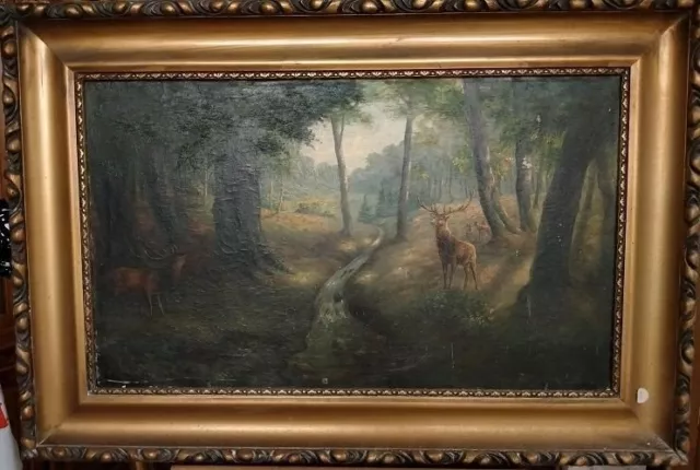 Antique Painting Oil On Canvas Forest Deers Wood Frame Watercourse Rare Old 19th