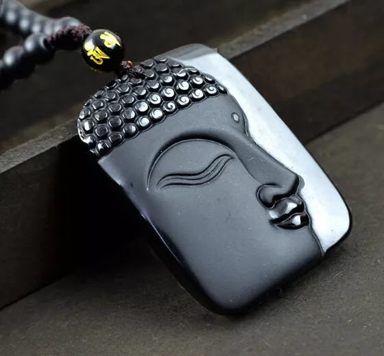 Obsidian Buddha head Pendant Necklace 100% energy Blessing Men Amulet Chinese
