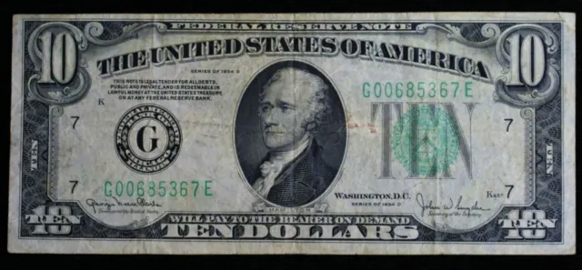 1934-D $10 Federal Reserve Note (Light Green Seal) Paper