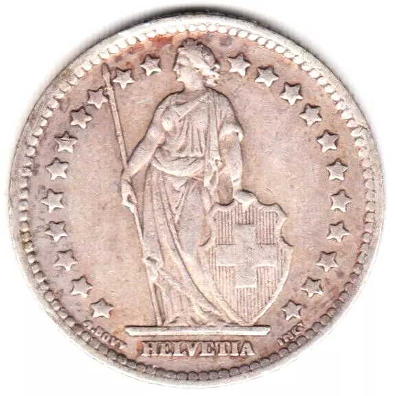 1943-B  Switzerland 1 Franc .835 Silver Coin. Roughly the Size of a Quarter.