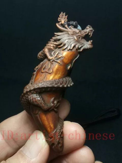 Japanese boxwood Carved Dragon statue amulet necklace netsuke gift Collection