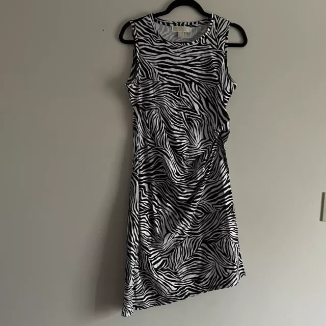 MICHAEL Michael Kors M Black White Zebra Print Organic Cotton Ruched Dress NWT