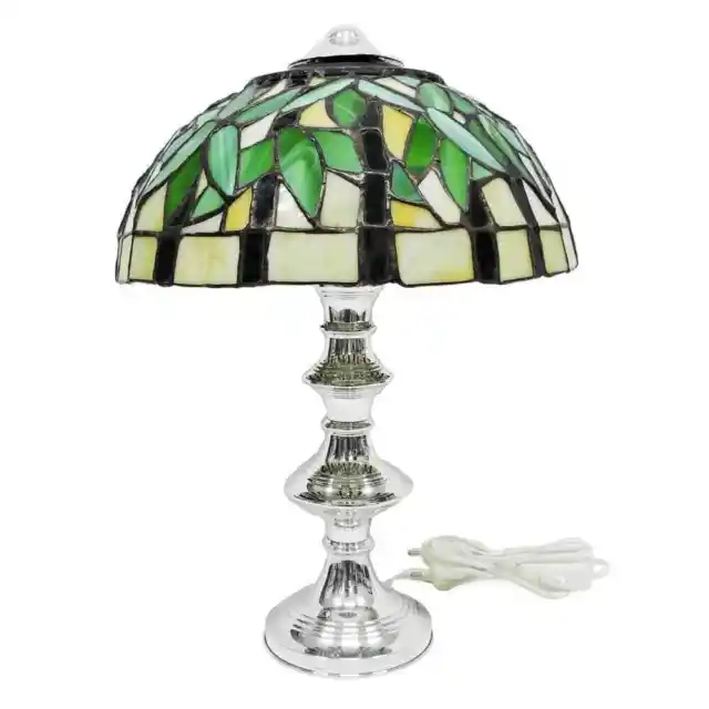 Lampada da Tavolo in Argento con Paralume in Vetro Stile Tiffany Verde