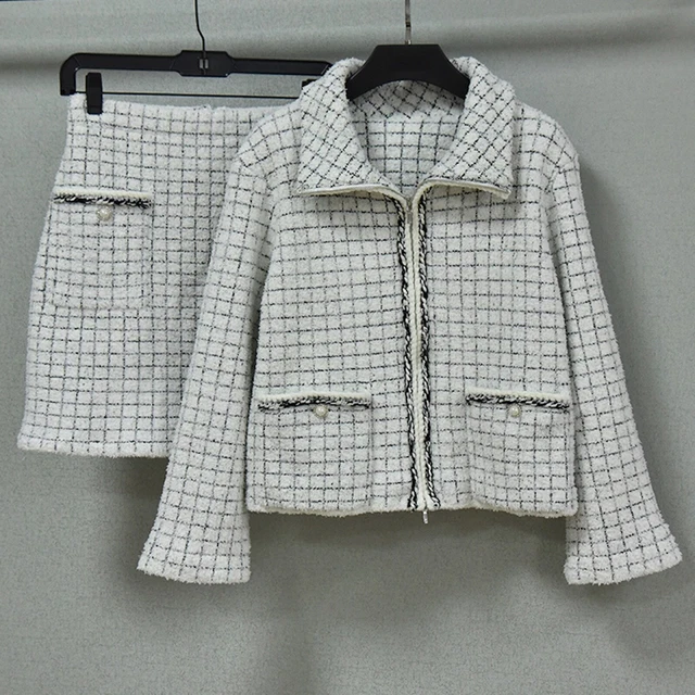 Donna Design Ispirato Misto Cotone Bianco Quadri Giacca + Gonna Abito