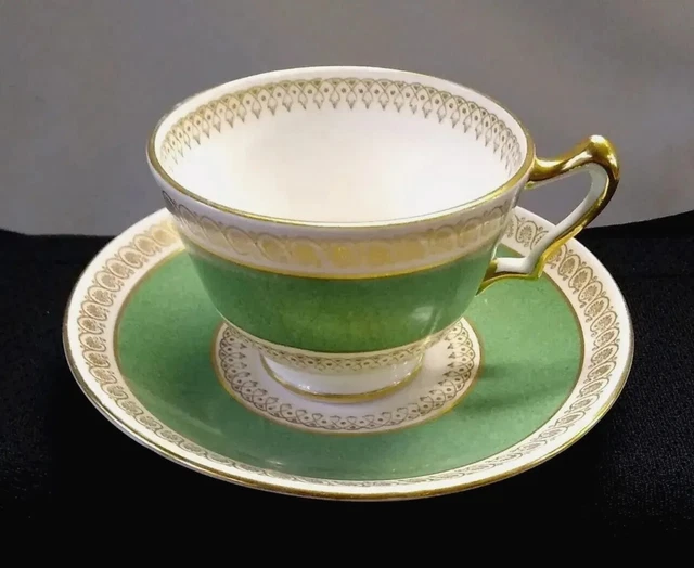 Crown Staffordshire Bone China Tea Cup & Saucer Green With Gold Accents A13646