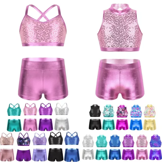 Kids Girls Dance Outfits Shiny Sequins Crop Top with Shorts Sets Dancing Costume