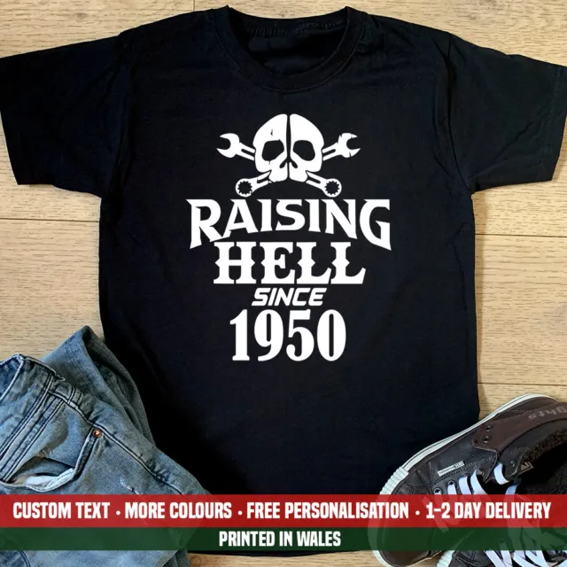 T-shirt Raising Hell Since 1950 divertente 72° biker meccanico cranio regalo di compleanno