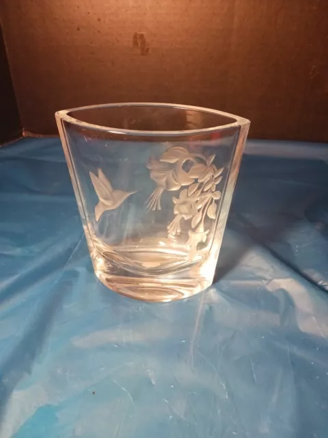 Etched Glass Hummingbird Vase  Lead Crystal Bohemian / Czech Art Glass