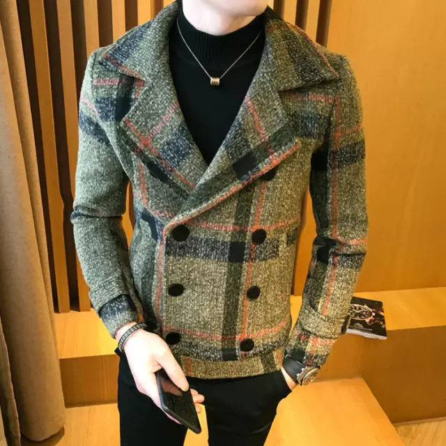 Short Mens Wool Blend Slim Fit Jacket Double Breasted Peacoat Lapel Collar Coat