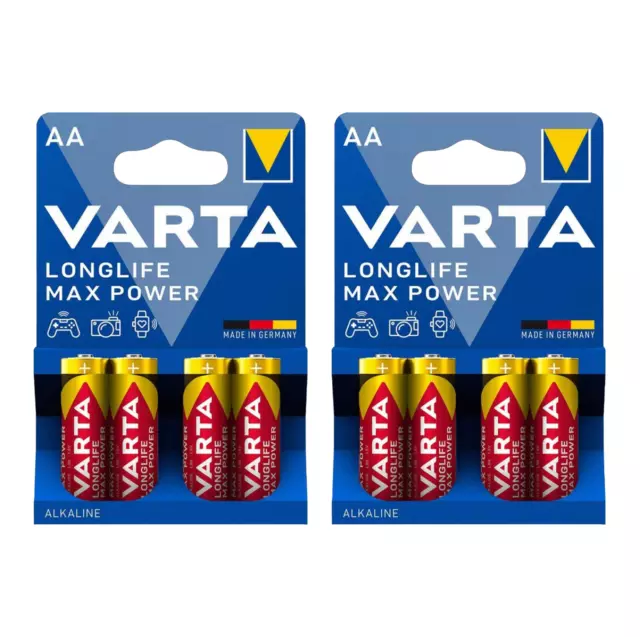 8 VARTA Longlife Max Puissance Aa LR6 Alcalin Batteries MN1500 1.5V Stilo 4BL