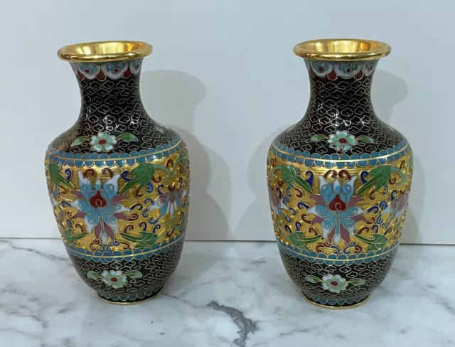 Gorgeous Pair Of Vintage Chinese Cloisonne Vases With Beautiful Floral Design