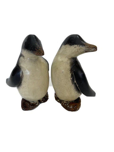 Wood Carved Primitive Penguins Black And White Folk Art Figurines Set Of 2
