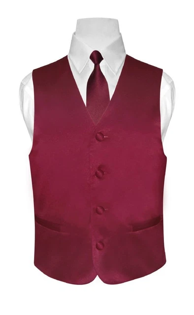 BOY'S Dress Vest & NeckTie Solid BURGUNDY Color Neck Tie Set Boys Tux Size 4