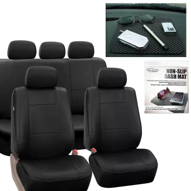 FAUX LEATHER CAR Seat Covers Classic Set Black with Bonus Dash Grip Pad