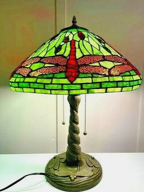 Classic Tiffany Table Lamp Dragonfly Shade Twisted dragonfly Base, Stained Glass