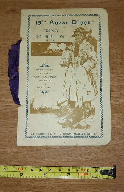15th Anzac Dinner 24th April 1936 Menu Original Cardboard vintage Australia 15th Anzac Dinner 24th April 1936 Menu Original Cardboard vintage Australia
