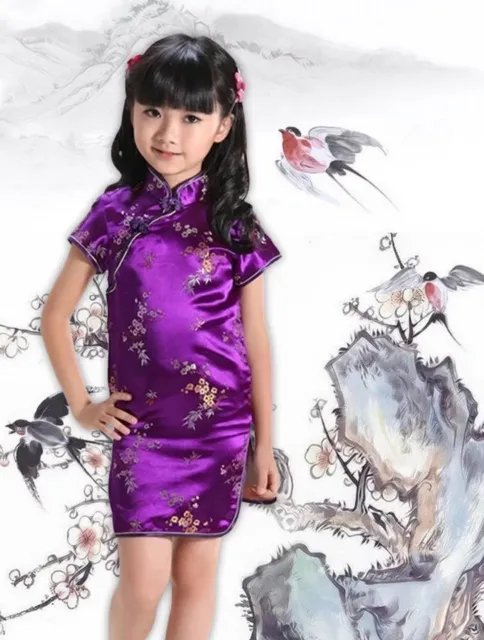 Chinese Oriental Childrens Girls Flower Purple Satin Qipao Cheongsam Dress gcd6