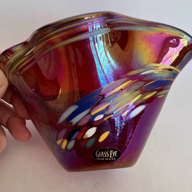 Glass Eye Studio "Red Rainbow Twist" Hand Blown Wave Bowl USA 6"D Vintage Z362