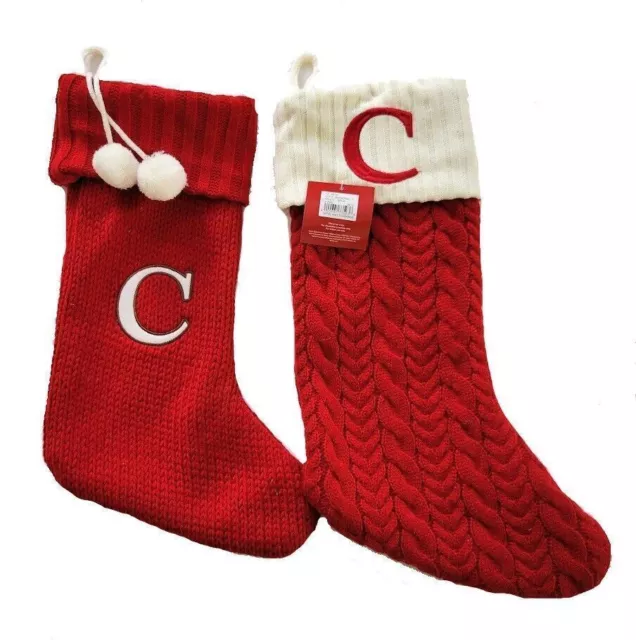 Monogram Letter C Christmas Stocking Holder ~ Red pom pom, cableknit