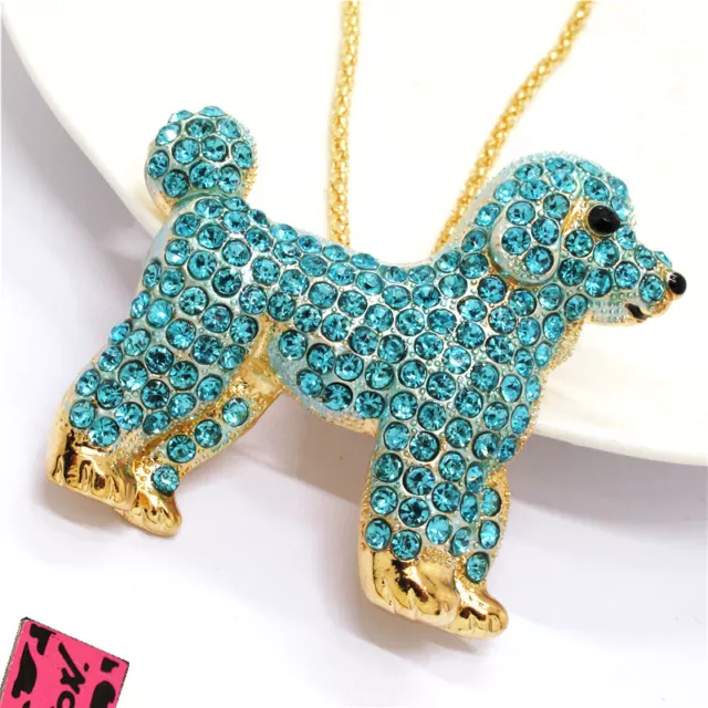 Fashion Women Blue Rhinestone Cute Dog Puppy Crystal Pendant Chain Necklace