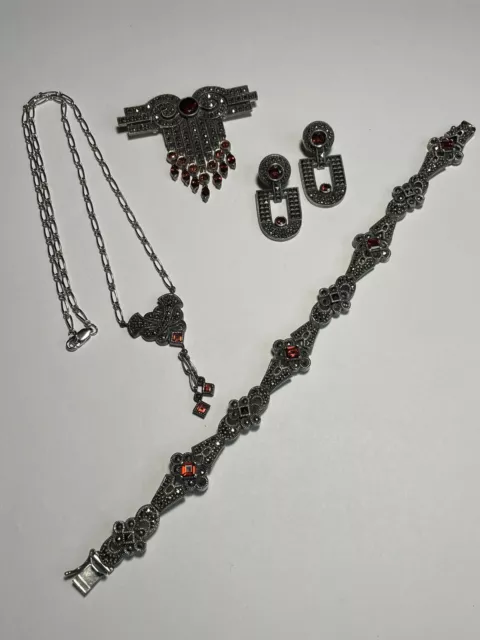 Judith Jack Marcasite 925 Garnet Set~ Bracelet, Earrings, Brooch & Earrings