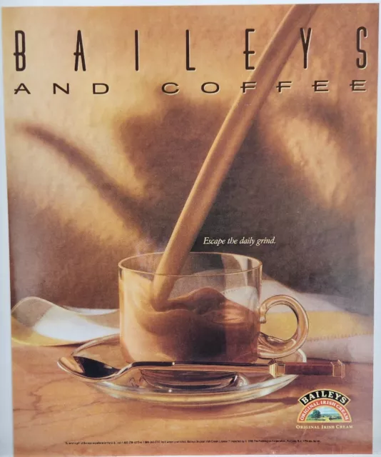 1990 Baileys Irish Cream & Coffee Escape The Daily Grind Vintage Poster Print Ad